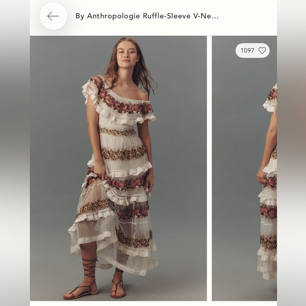 NWT By Anthropologie Ruffle Sleeve Embroidered Tulle Tiered Lace Maxi Dress 6 - Picture 4 of 9